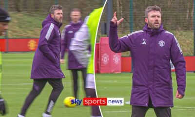 Michael Carrick takes charge in Man Utd training.