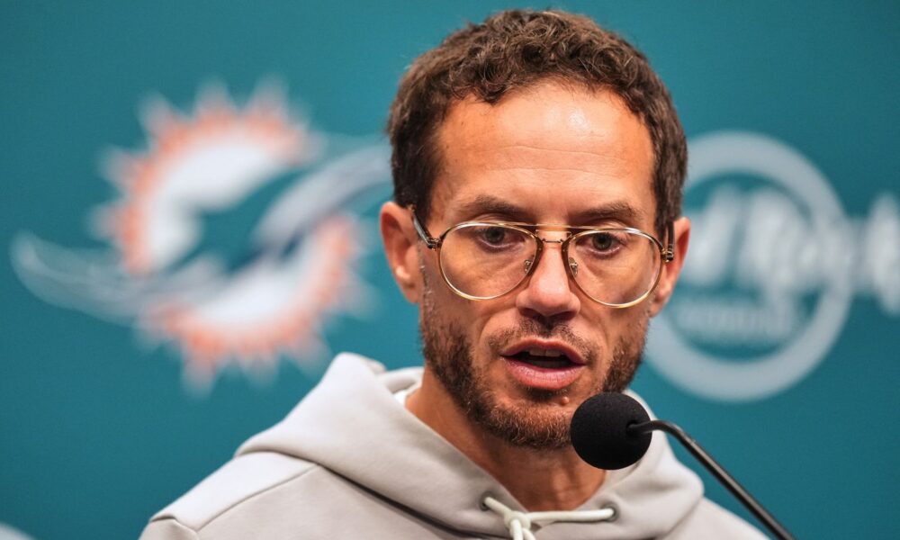 Miami Dolphins head coach Mike McDaniel speaks during a press conference after an NFL football game against the Baltimore Ravens, Thursday, Oct. 30, 2025, in Miami Gardens, Fla. (AP Photo/Rebecca Blackwell)