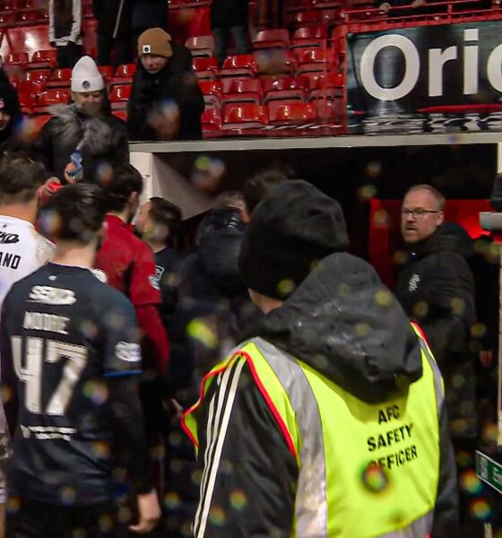 Nicolas Raskin squirted water at an Aberdeen fan after Rangers' 2-0 win at Pittodrie on Sunday