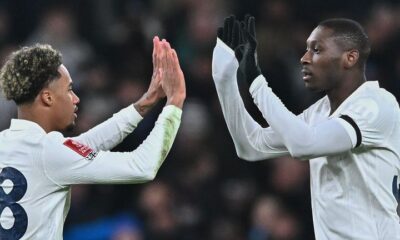 Wilson Odobert of Tottenham Hotspur celebrates after scoring with Randal Kolo Muani of Tottenham Hotspur