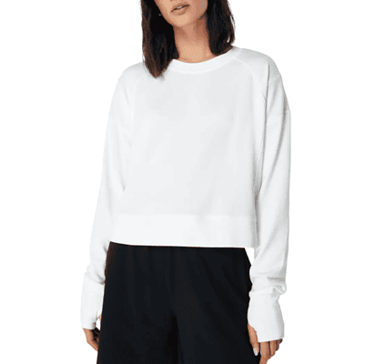white sweatshirt with thumb holes