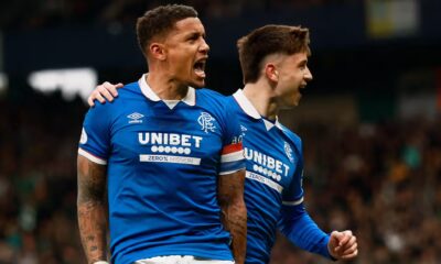 James Tavernier and Mikey Moore celebrate for Rangers