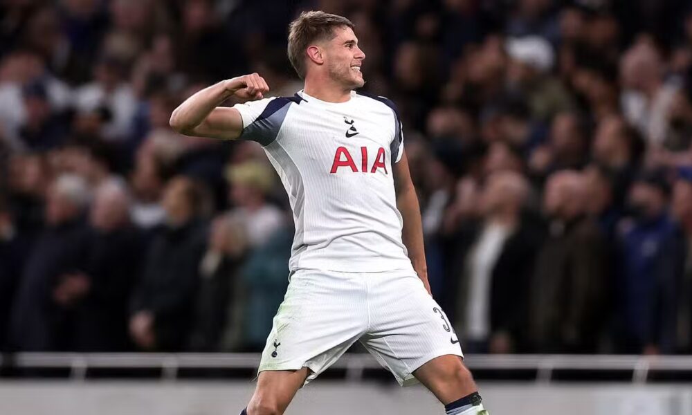 Tottenham Hotspur's Micky van de Ven celebrates scoring their third goal