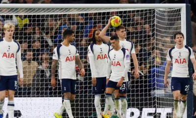 Tottenham Hotspur's Micky van de Ven, Conor Gallagher, Djed Spence, Pedro Porro and Cristian Romero look dejected