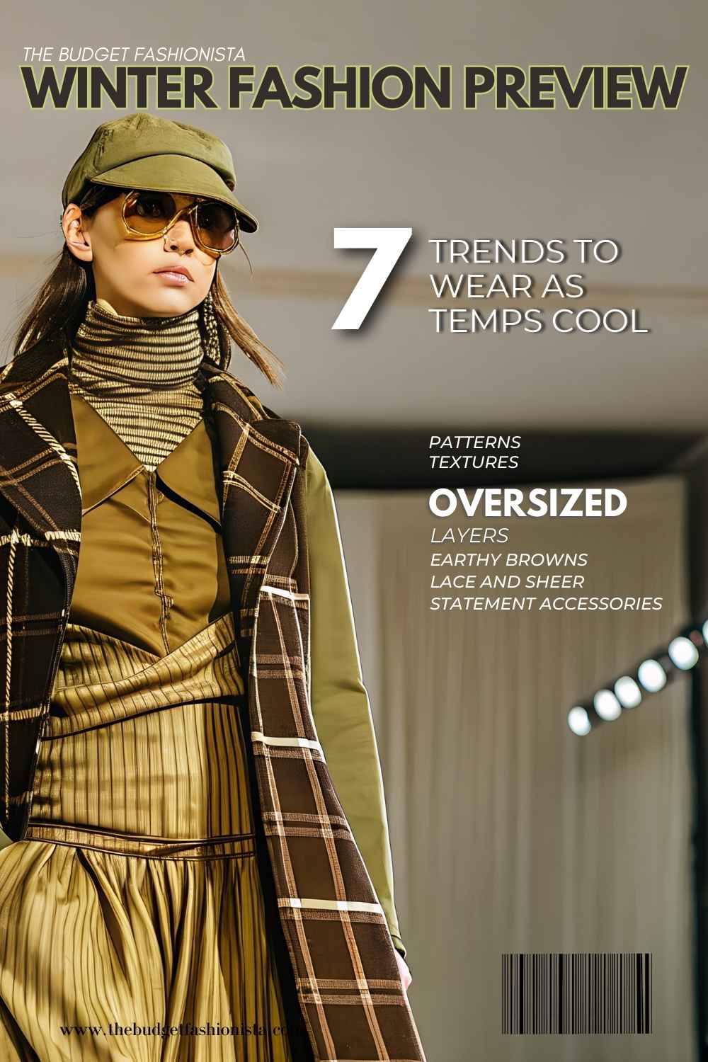 Woman wears on-trend winter fashion with brown layers and plaid