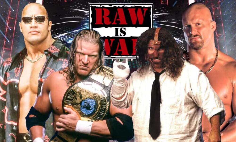 The Rock, Triple H, Mankind & Stone Cold with the RAW is WAR logo.