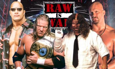 The Rock, Triple H, Mankind & Stone Cold with the RAW is WAR logo.