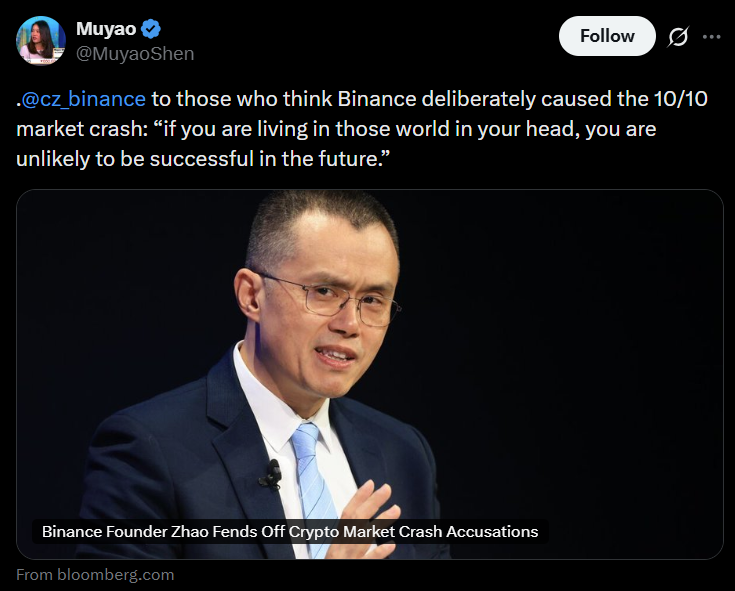 CZ Rejects Claims Binance Fueled Historic Crypto Liquidation Crash