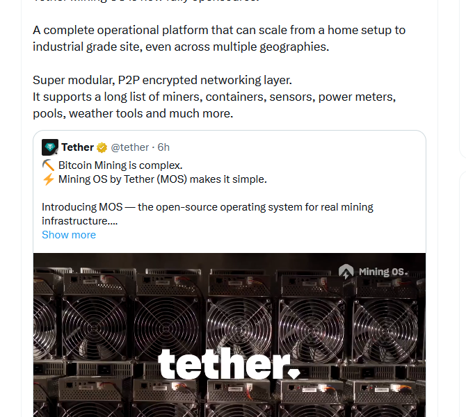 Tether Launches MiningOS, An Open-Source Bitcoin Mining Platform