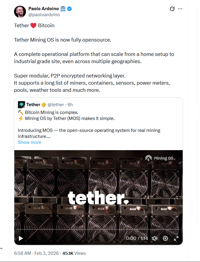 Tether Launches MiningOS, An Open-Source Bitcoin Mining Platform