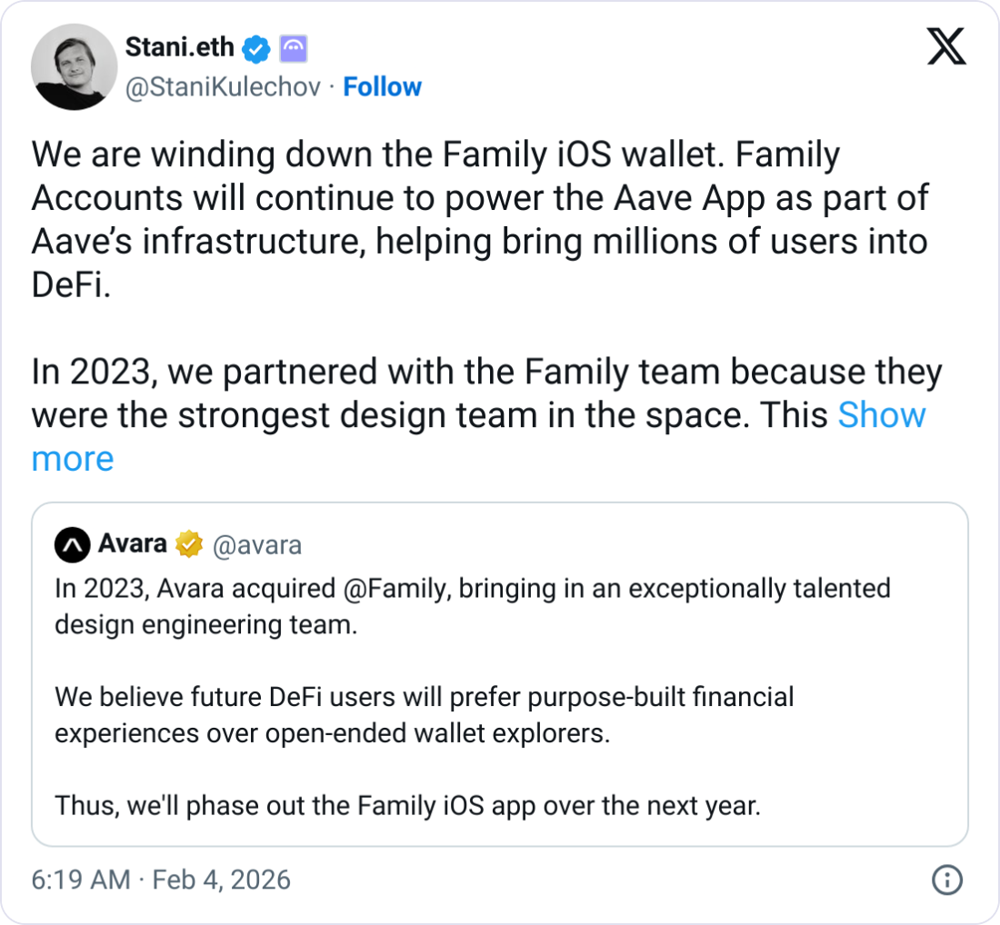 Aave Shutters Avara Brand and Family Crypto Wallet