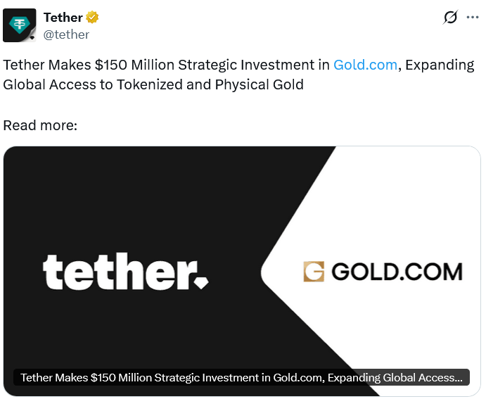 Tether Invests $150M in Gold.com to expand gold tokenization