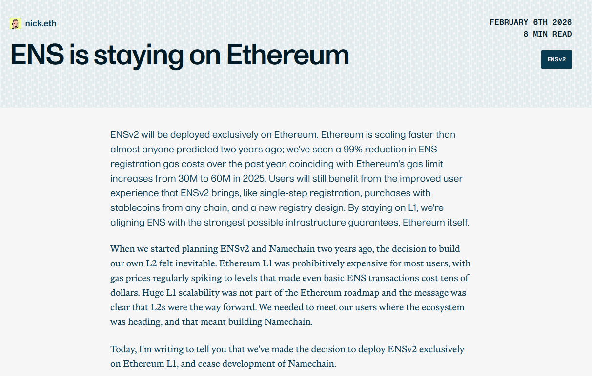 ENS Abandons Its planned Namechain L2, Citing Drastically Lower Gas Costs