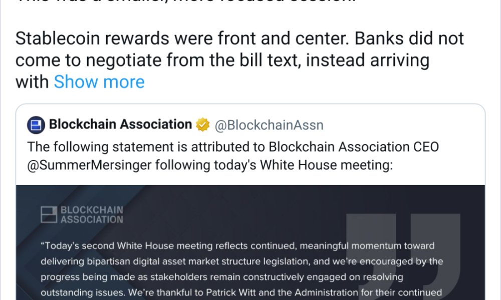 No Stablecoin Bill Deal at 2nd Crypto, Banks White House Meet