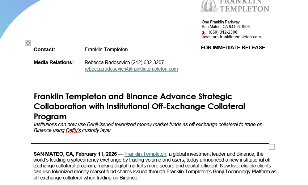 Franklin Templeton to Let Tokenized Money Funds Back Binance Trades