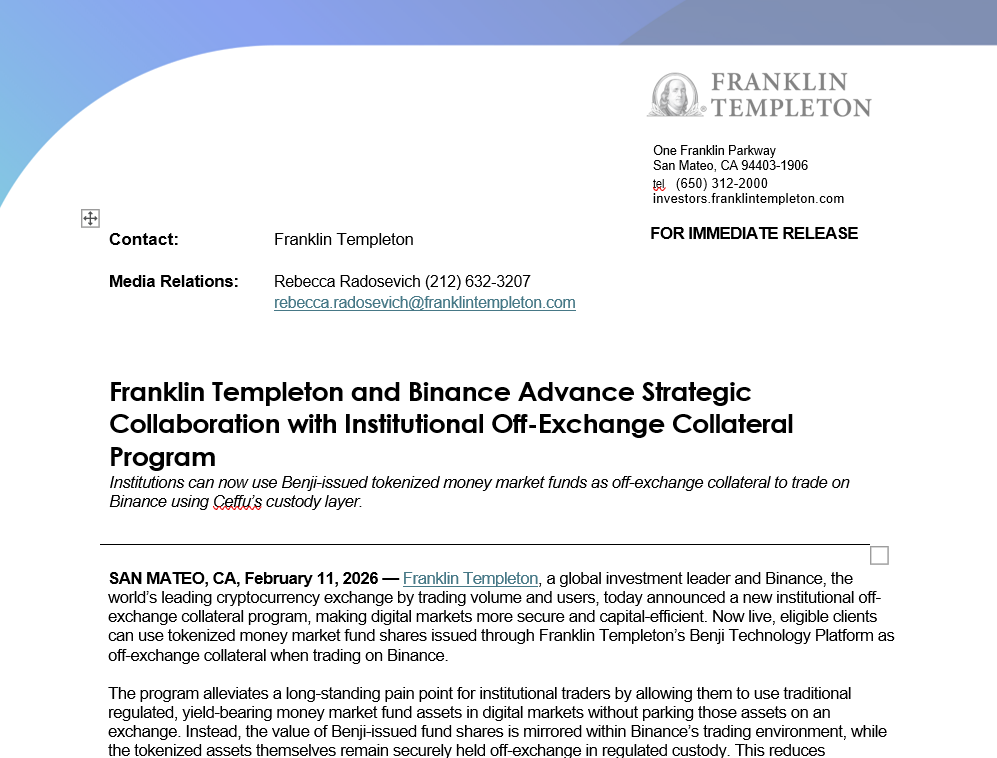 Franklin Templeton to Let Tokenized Money Funds Back Binance Trades