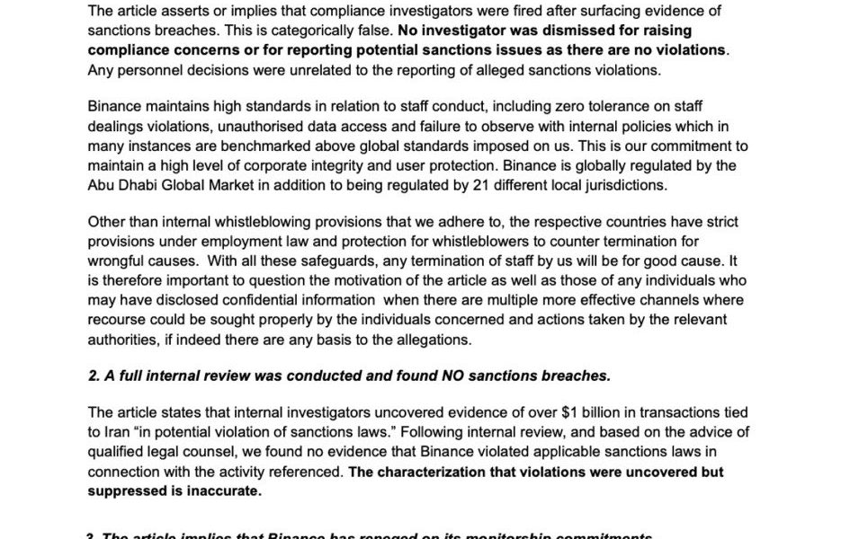 Binance Rejects Claims of Iran-Linked Transactions and Staff Firings