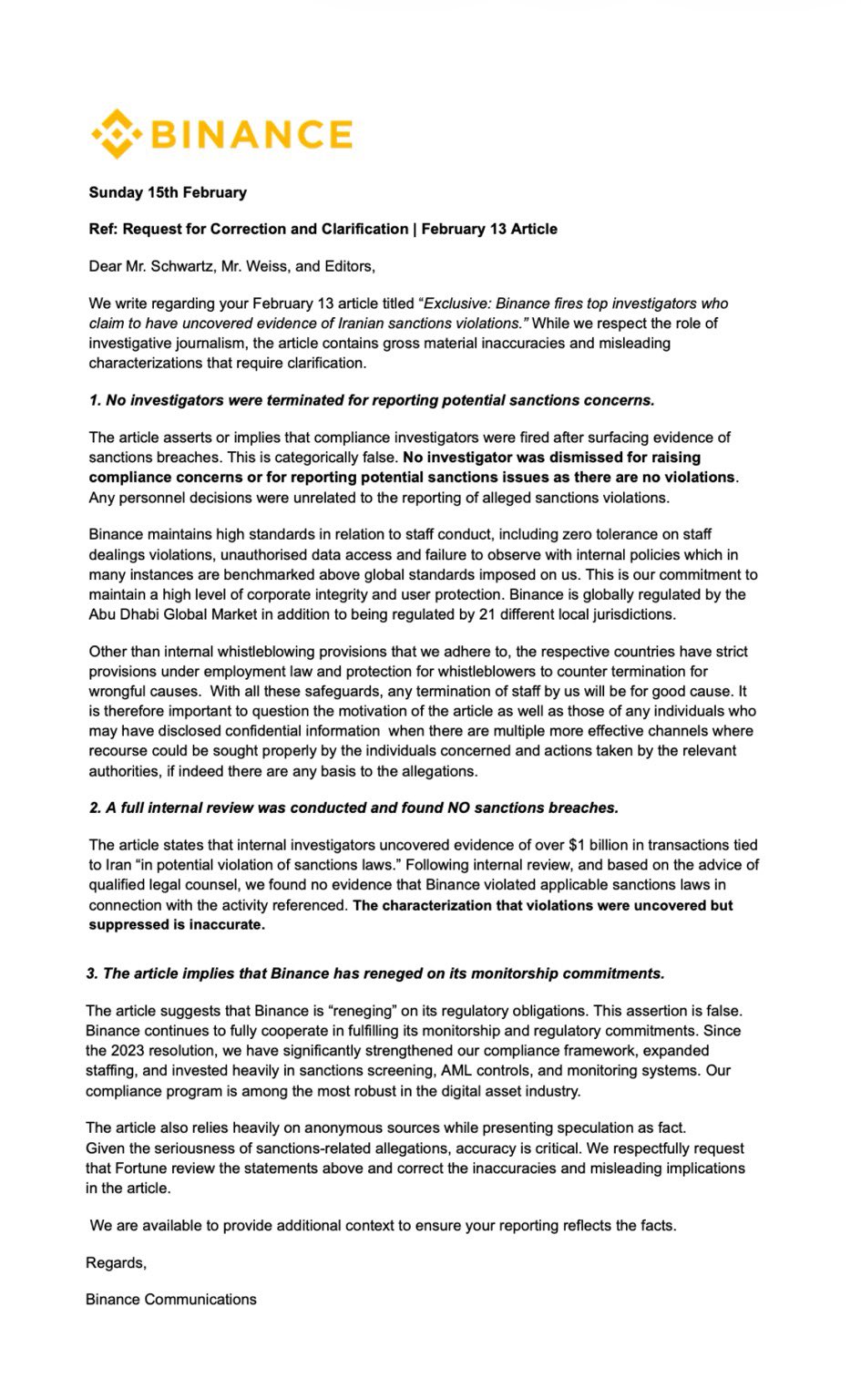 Binance Rejects Claims of Iran-Linked Transactions and Staff Firings