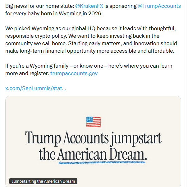 Kraken Will Sponsor Trump Accounts For All Wyoming Babies Born In 2026