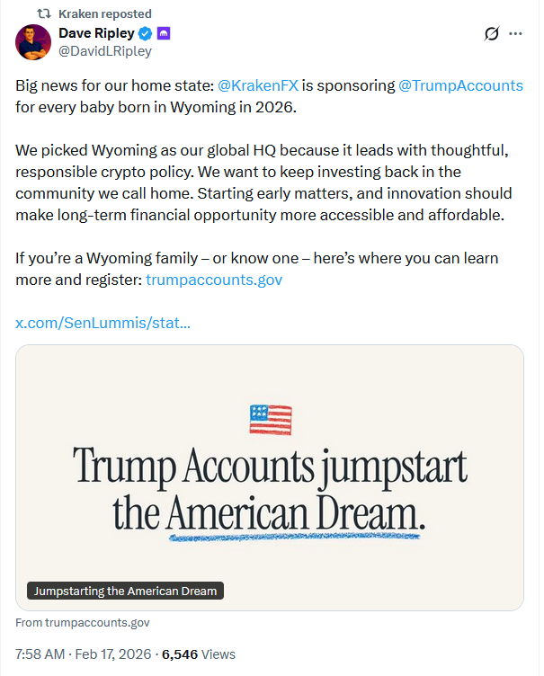 Kraken Will Sponsor Trump Accounts For All Wyoming Babies Born In 2026
