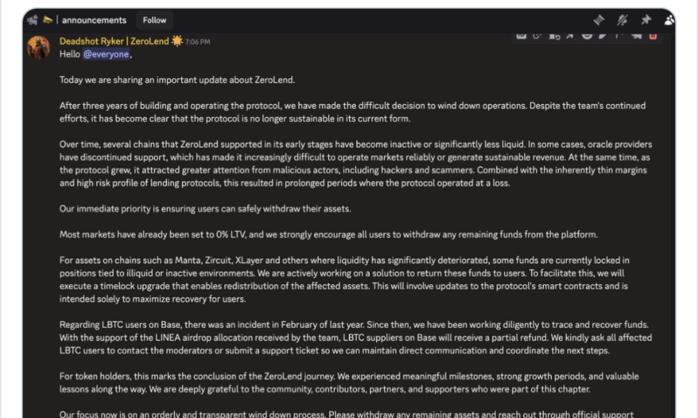 Zerolend Shutters as Founder Says It's ‘No Longer Sustainable’