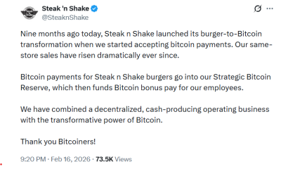 Steak 'n Shake says Bitcoin Push Sent Sales “Dramatically” Higher