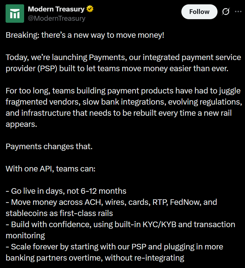 Modern Treasury Adds Stablecoin Settlement to PSP