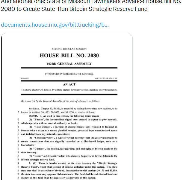 Missouri Lawmakers Advance Bitcoin Reserve Bill