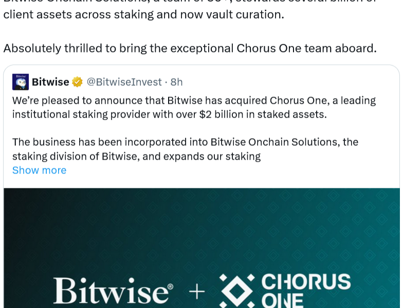 Bitwise Acquires $2.2B Crypto Staking Firm Chorus One