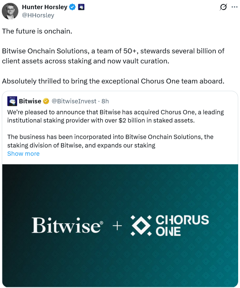 Bitwise Acquires $2.2B Crypto Staking Firm Chorus One