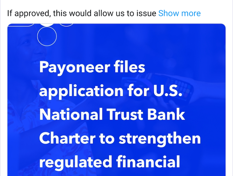 Payoneer Adds to Crypto, Fintech Firms Seeking Bank Charter
