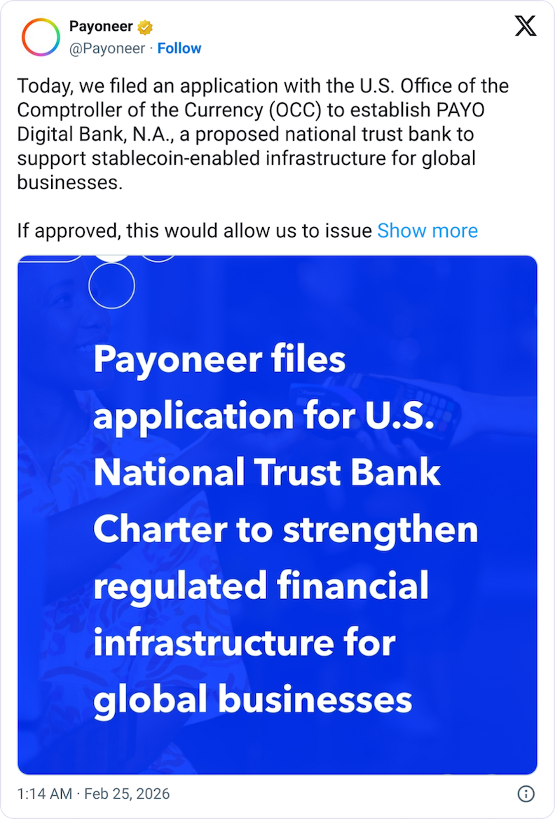 Payoneer Adds to Crypto, Fintech Firms Seeking Bank Charter