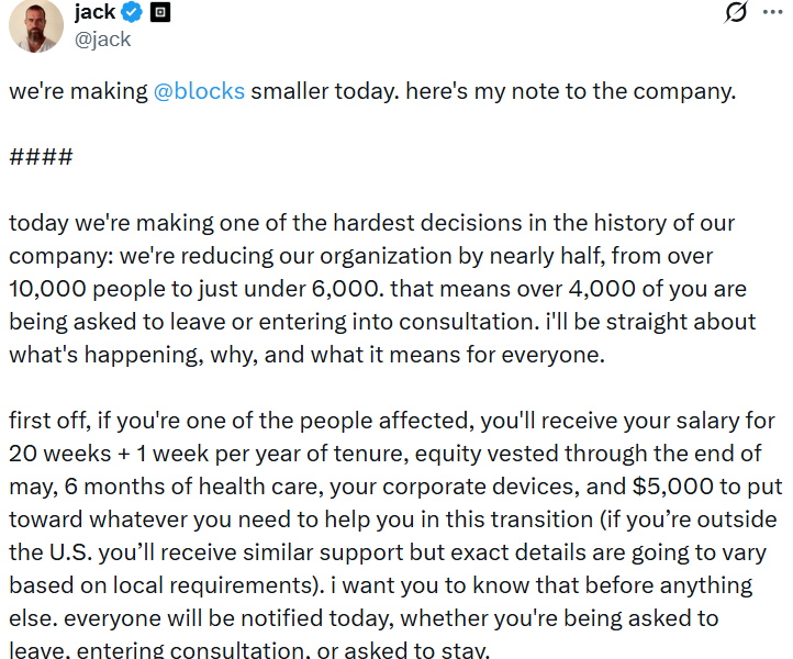 Jack Dorsey’s Block Announces 4,000 Job Cuts in AI Overhaul