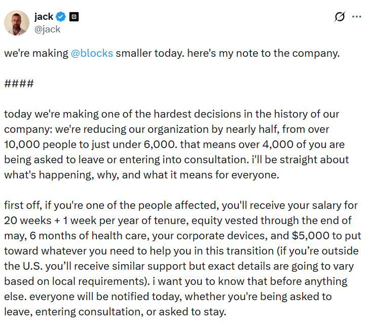 Jack Dorsey’s Block Announces 4,000 Job Cuts in AI Overhaul