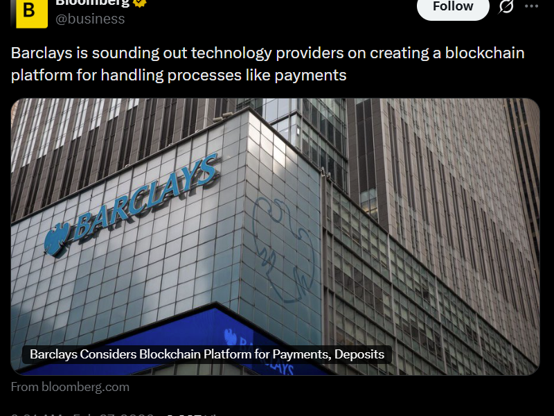 Barclays Explores Blockchain for Payments and Deposits: Bloomberg