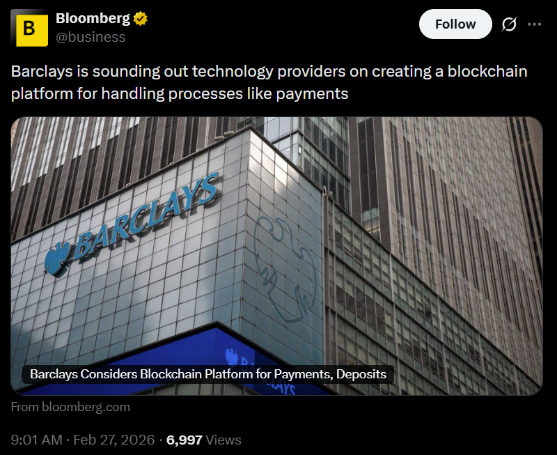 Barclays Explores Blockchain for Payments and Deposits: Bloomberg