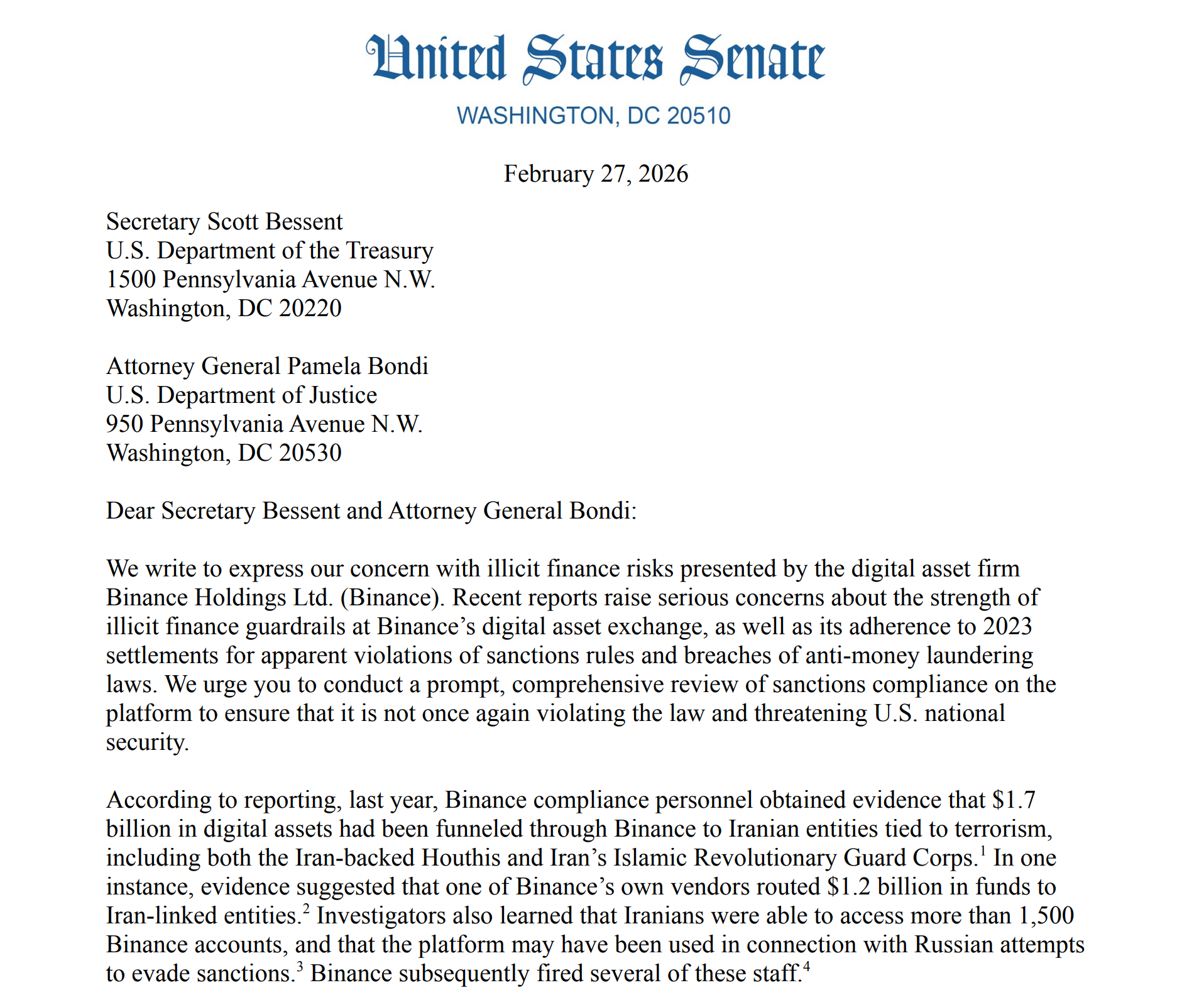 11 US Senators Urge Probe Into Binance's AML Controls