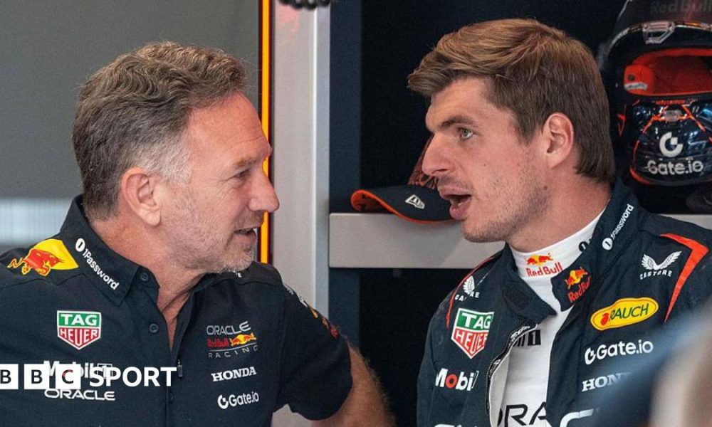 Christian Horner and Max Verstappen in the Red Bull garage before the F1 Grand Prix of Austria at Red Bull Ring on June 28, 2025 in Spielberg, Austria.