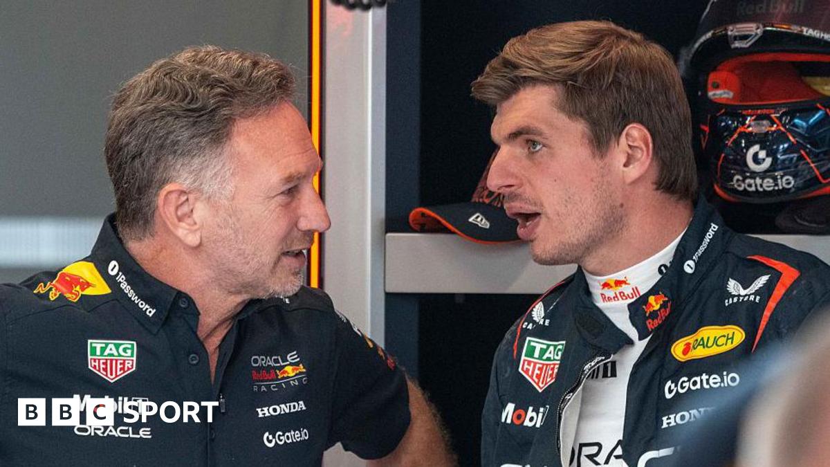 Christian Horner and Max Verstappen in the Red Bull garage before the F1 Grand Prix of Austria at Red Bull Ring on June 28, 2025 in Spielberg, Austria.