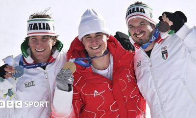 Giovanni Franzoni, Franjo von Allmen and Dominik Paris with their Olympic medals