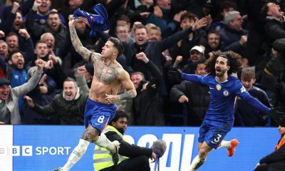 Enzo Fernandez and Marc Cucurella celebrate the 92nd-minute winner by Chelsea against West Ham