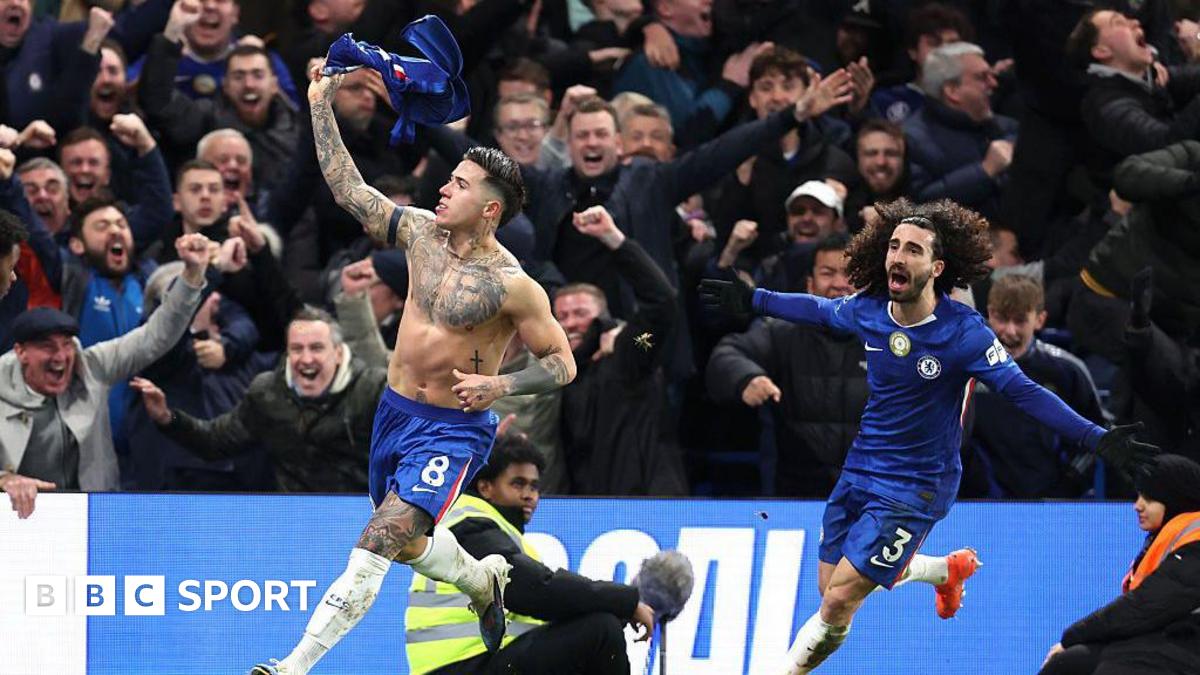 Enzo Fernandez and Marc Cucurella celebrate the 92nd-minute winner by Chelsea against West Ham