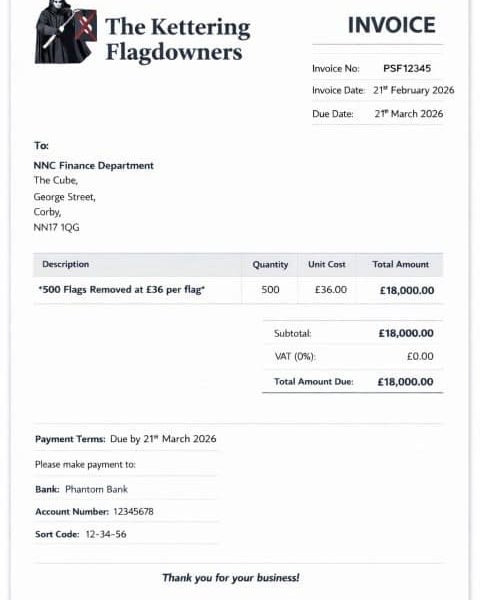 Invoice from the Kettering Flagdowners to North Northants Council for removal of 500 flags