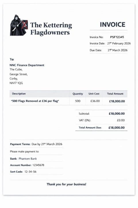 Invoice from the Kettering Flagdowners to North Northants Council for removal of 500 flags