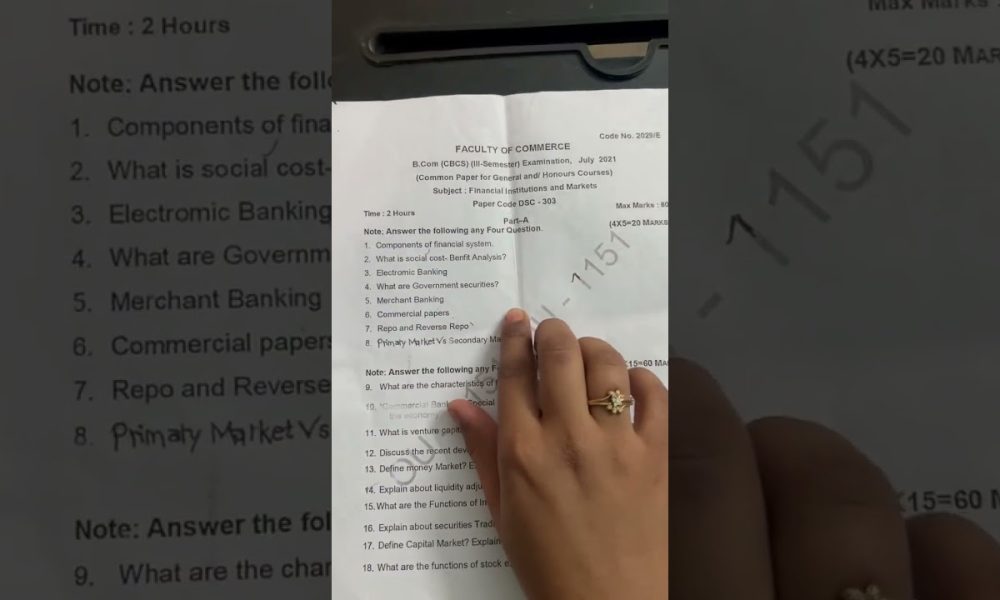 Degree 2nd year Bcom 3rd sem question paper financial institutional and markets #osmaniauniversity