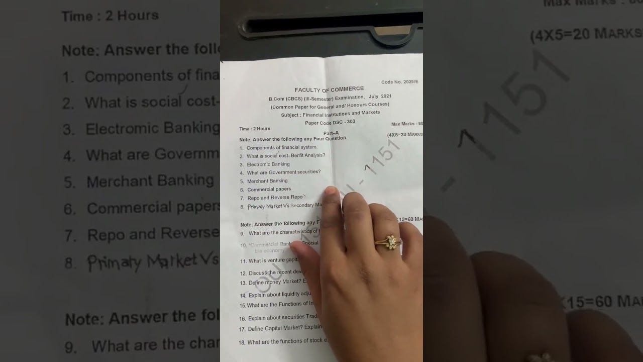 Degree 2nd year Bcom 3rd sem question paper financial institutional and markets #osmaniauniversity