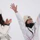 Choi Ga-on celebrates, watched on by Chloe Kim