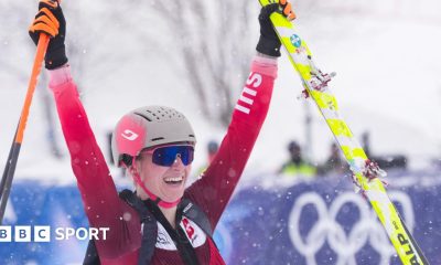Switzerland's Marianne Fatton completes staircase segment of ski mountaineering at Winter Olympics