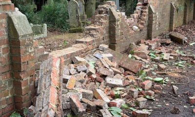 Wall down and fallen tree on Cemetery Lane Darlington
