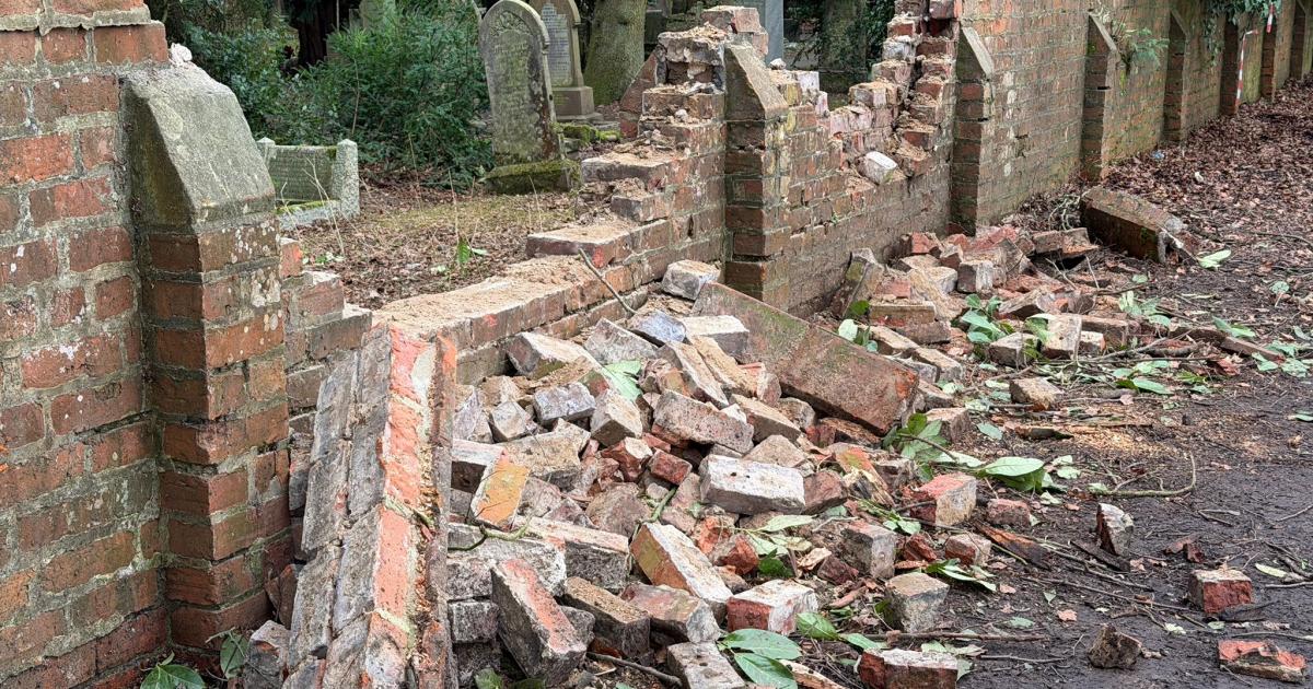 Wall down and fallen tree on Cemetery Lane Darlington